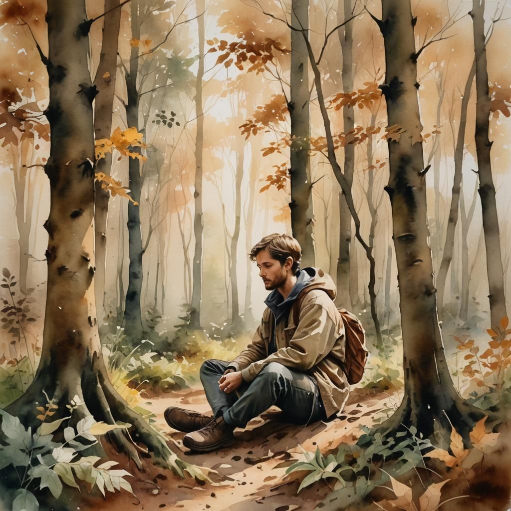 Earth Tone Watercolor Painting of Forest Scene