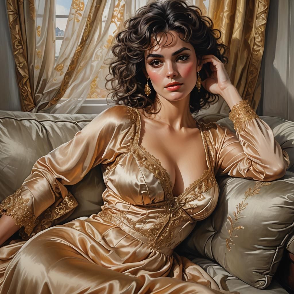 Woman in Apricot Negligee, Detailed Oil Painting