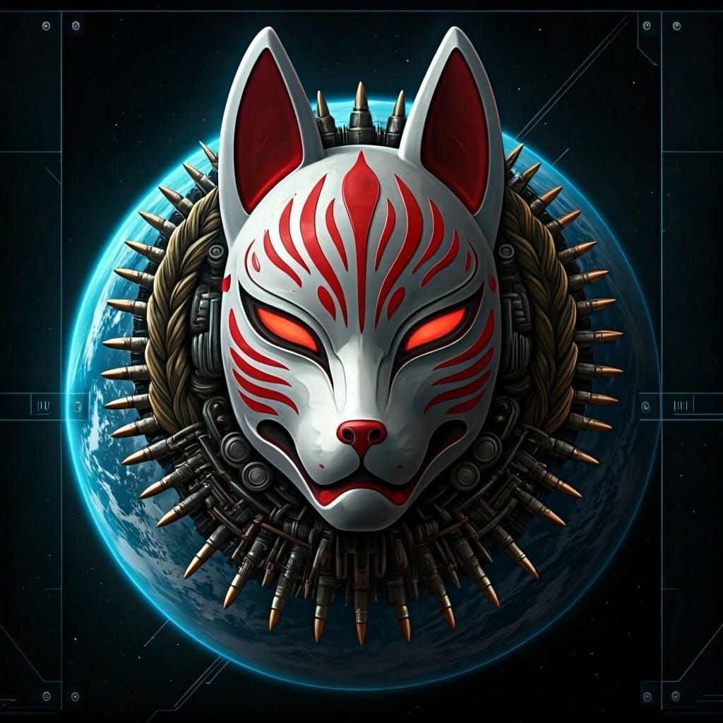 sci-fi logo of an aggressive kitsune fox mask surrounded by ...