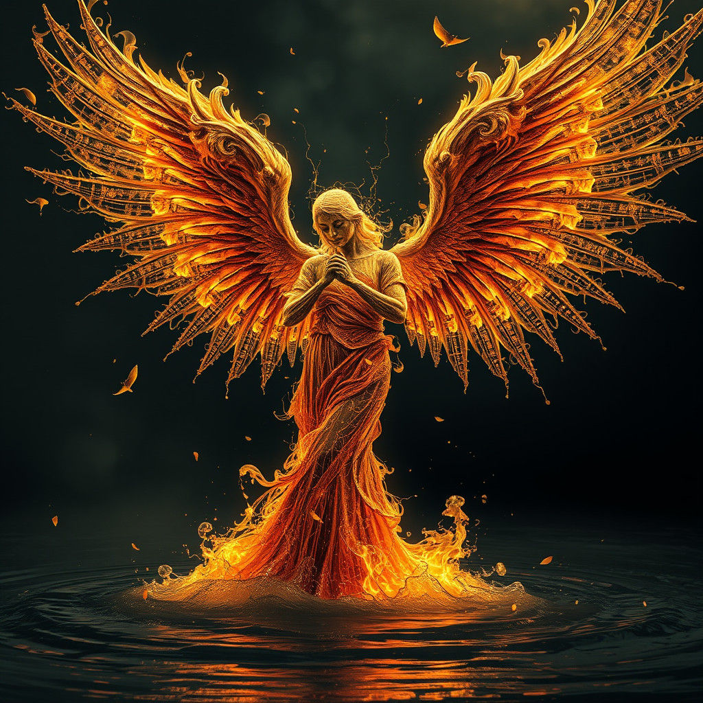 Fiery Gothic Angel Emerging from Water: Photorealistic Art