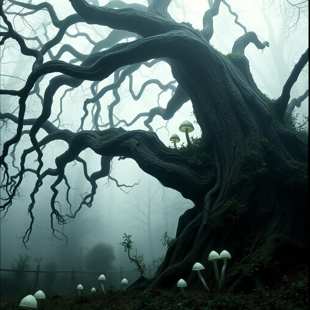 Gnarled Oak in Forgotten Garden: Dark Fantasy