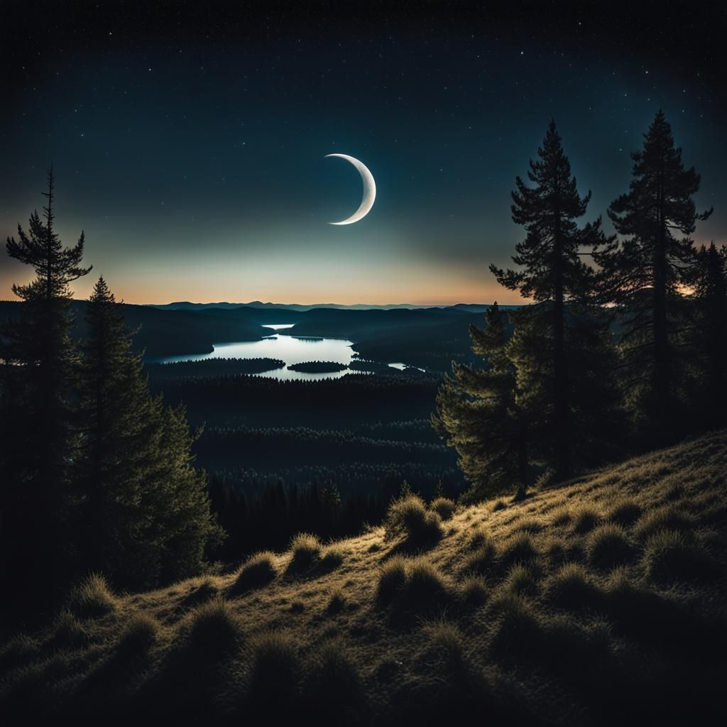 Crescent Moonrise Over Tranquil Earthy Landscape