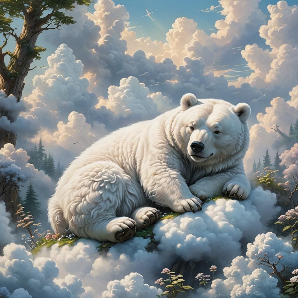 Fluffy Cloud Bear Sleeping in Ethereal Mist