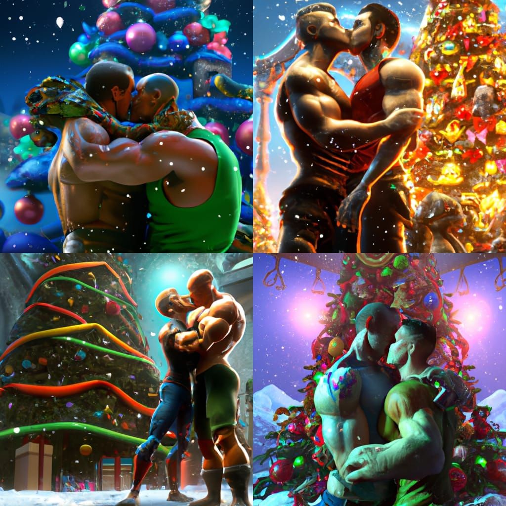 Muscular guy kisses his boyfriend under the Christmas tree