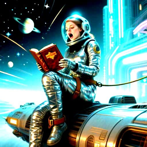 Astronaut Reading Book in Solarpunk Spacesuit