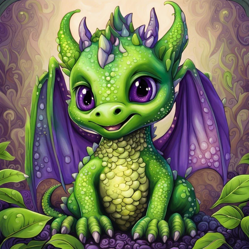 Vibrant Baby Dragon in Green and Purple
