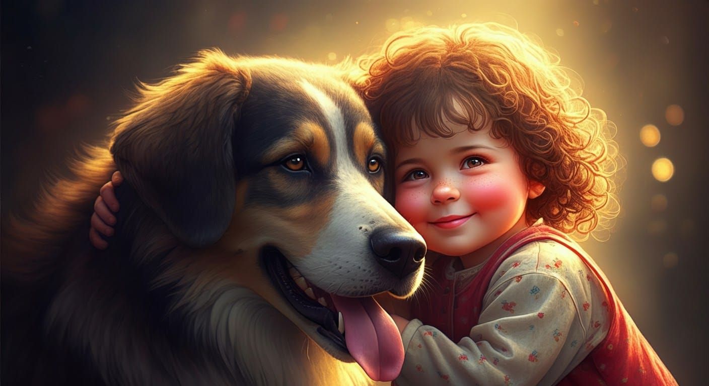 Child Hugging Dog in Kinkade-Mucha Style
