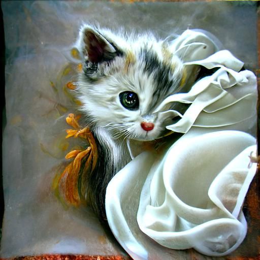 Kitten in White Frilly Dress: Oil on Canvas