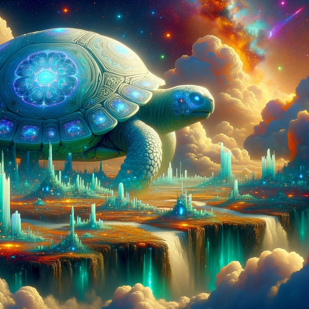 Fantastical City on Giant Turtle Back in High Fantasy Style