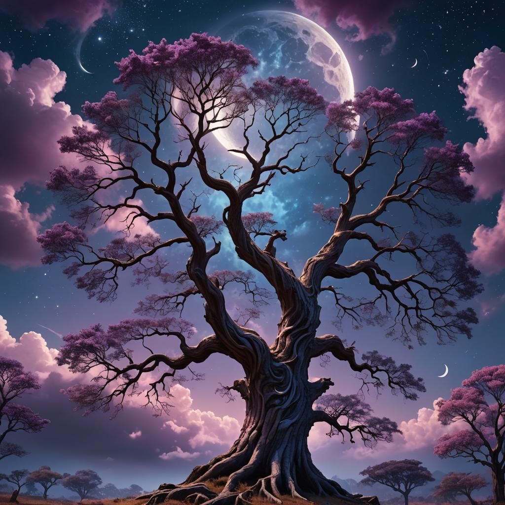 Celestial Cloud Tree Under Crescent Moon
