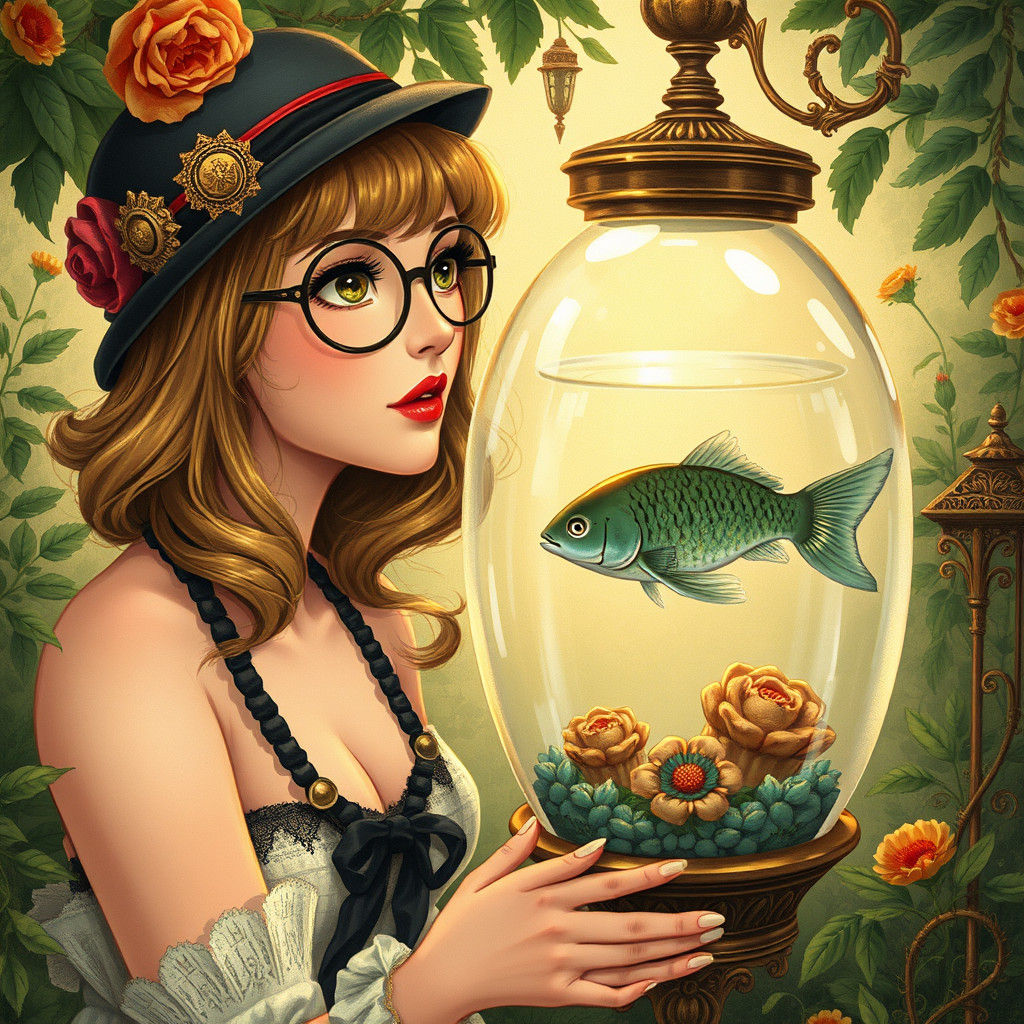 Whimsical illustration of a bespectacled pin-up wearing only an Astrakhan hat, peering curiously at a Ulisse swimming in...