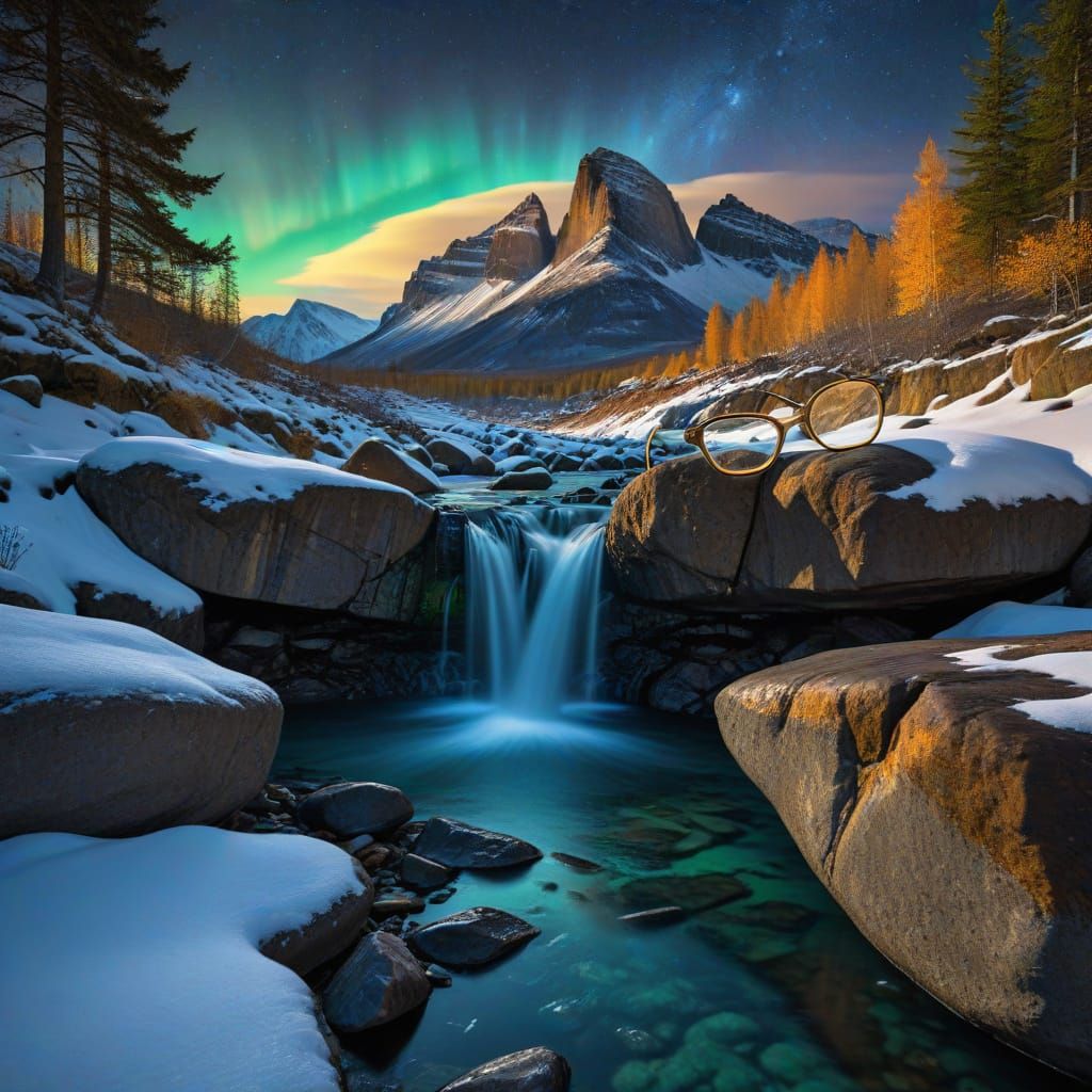 Spectacle Bridge Over Aurora Waterfall Landscape