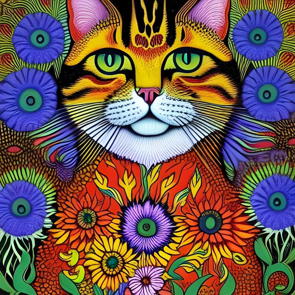 Psychedelic Cat with Dahlias in Vintage Style