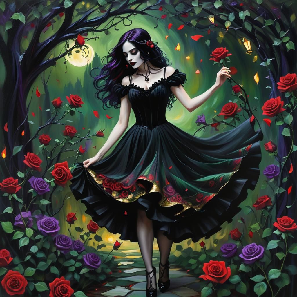 Goth Girl Dancing with Devil in Moonlit Garden