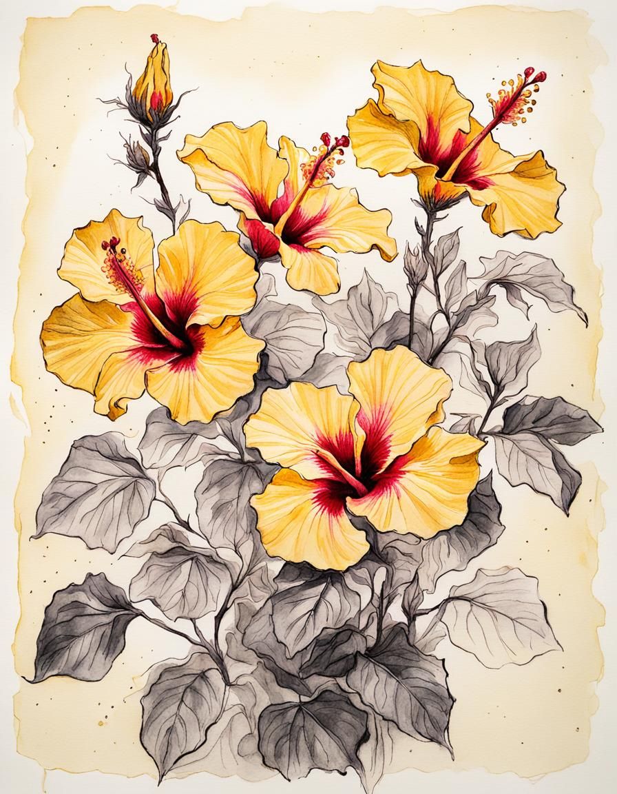 Hibiscus Botanical Ink Drawing in Post-Impressionist Style