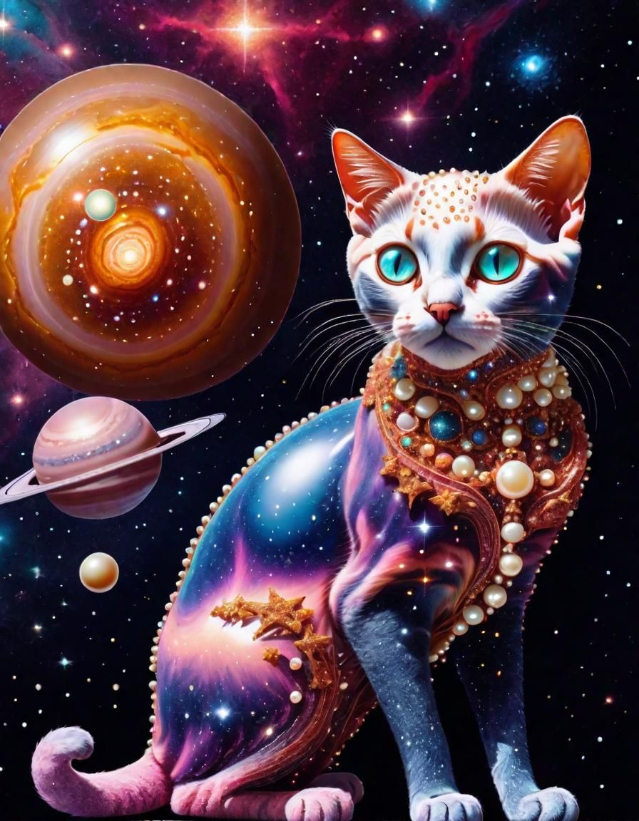 Pearl Cat in Nebula, Hyperdetailed Digital Art