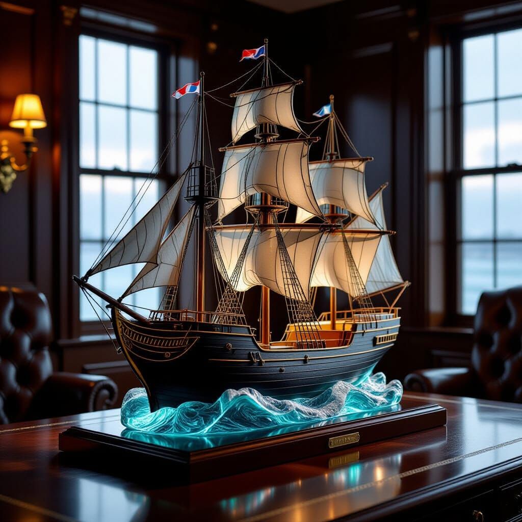 Sea Glass Clipper Ship Sculpture on Mahogany Desk