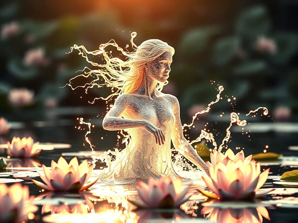 Ethereal Water Nymph Emerge from a Pond of Lotus Flowers