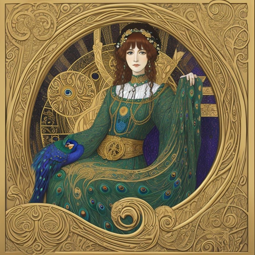 Klimt-Inspired Art Nouveau Peacock Portrait