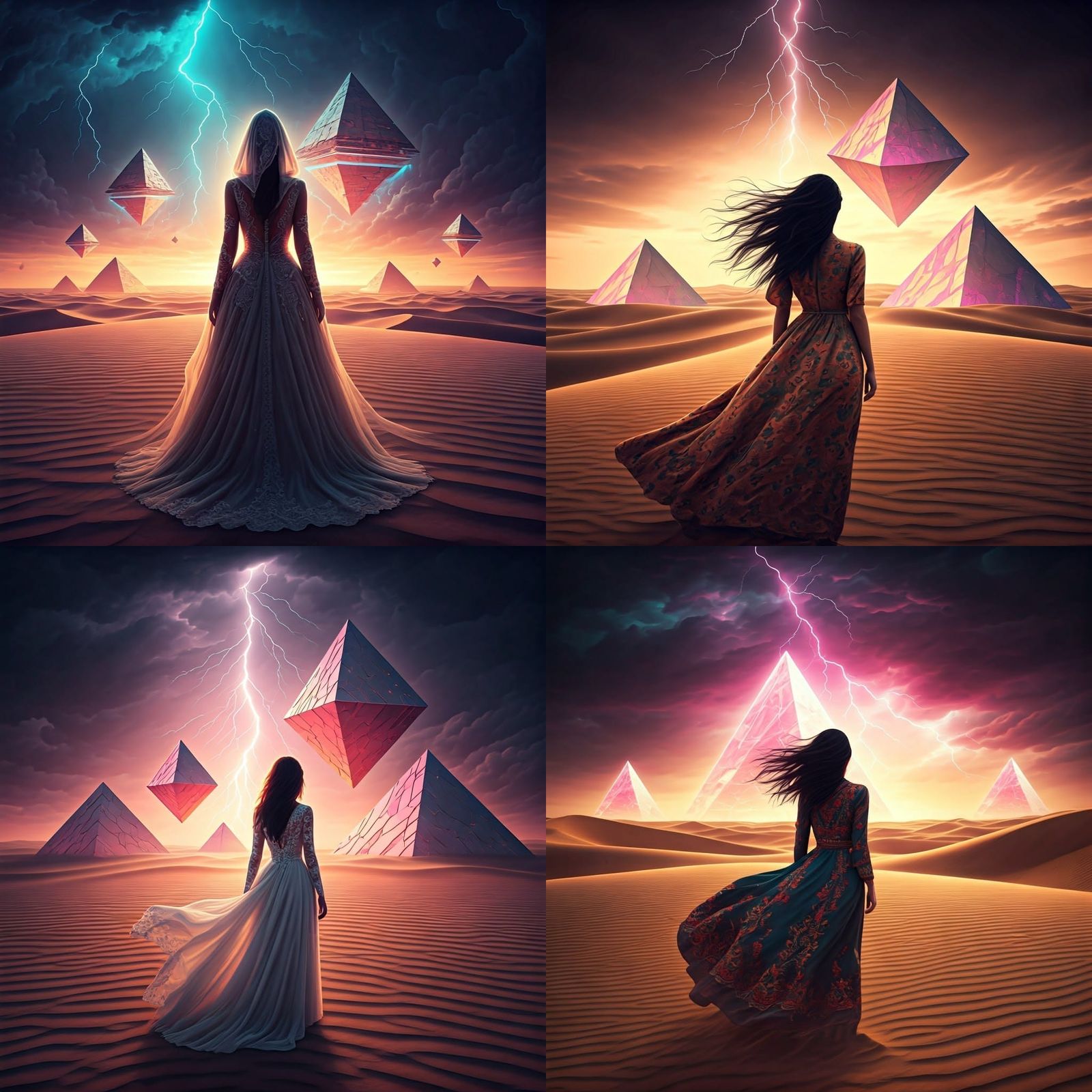 Surreal Desert Storm with Floating Pyramids