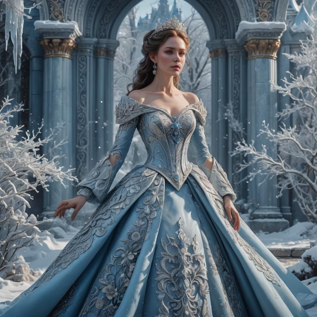 Regal Woman in Ice-Blue Gown, Detailed Matte Painting