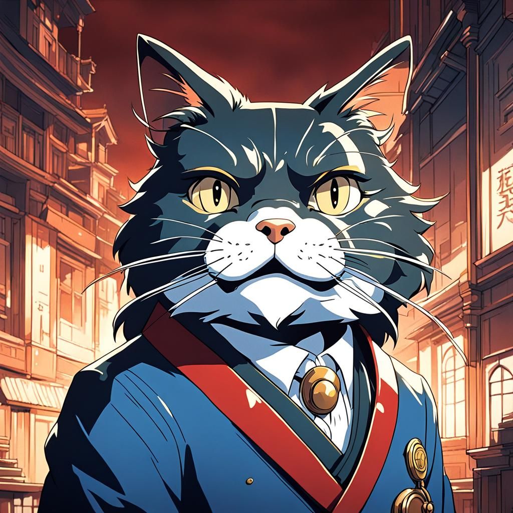 The Baron cat from Whisper of the Heart Masterpiece, Best Quality, flat, Manga Scan, Anime, cinematic lighting, drawn Ar...