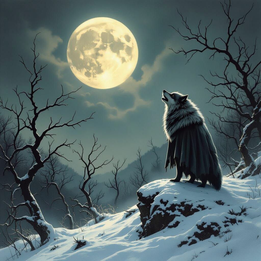 Lone Wolf Howling at Moon in Dark Fantasy Style