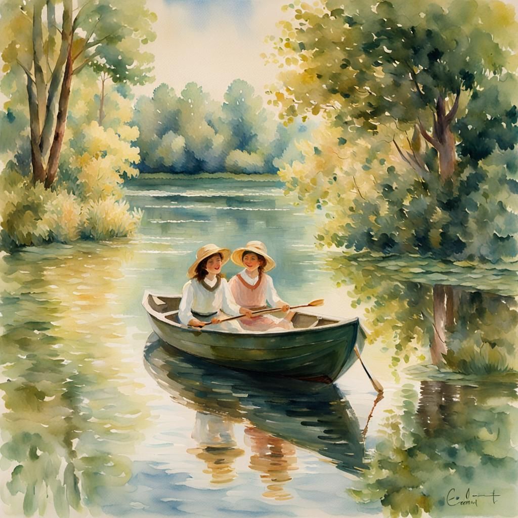 Girls in Boat, Impressionistic Watercolor Painting