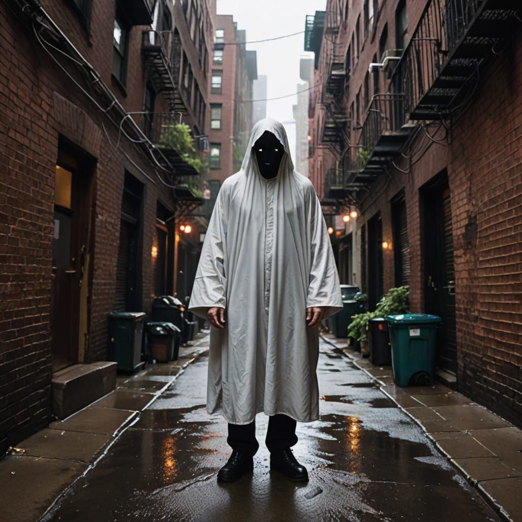 Ghostly Figure in Rainy New York Alleyway