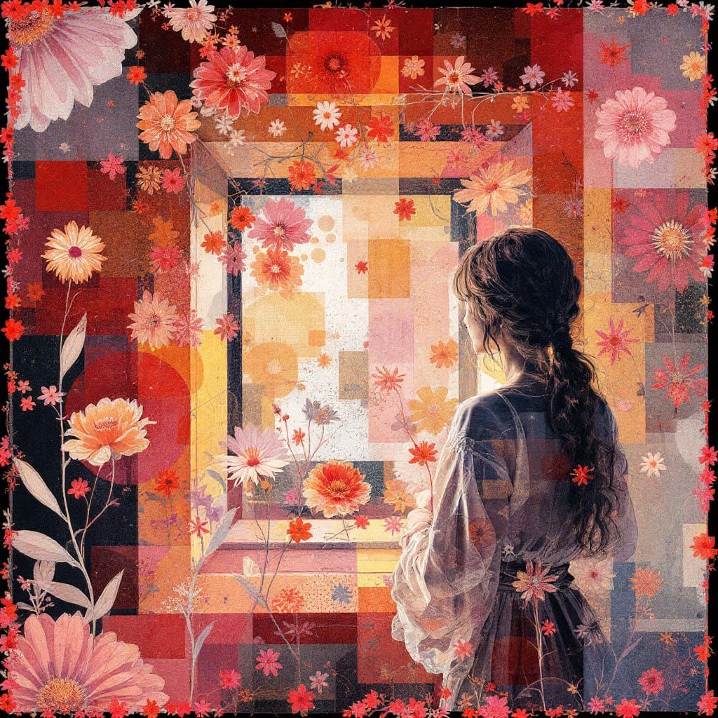 Faded Floral X-Raycoupage Figure Waiting by Window