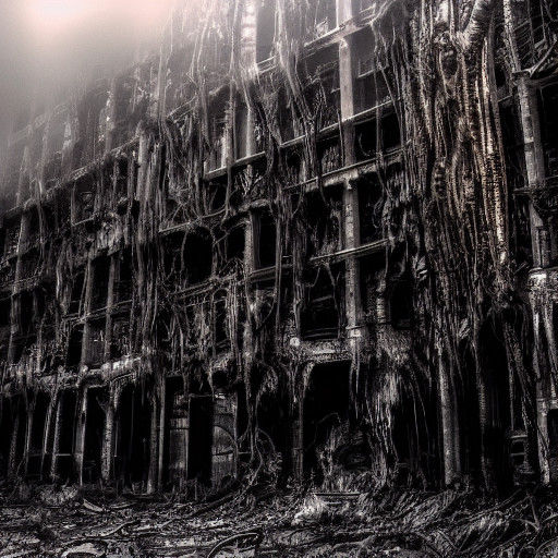 Gigeresque Biomechanical Ruins in Fog and Smoke