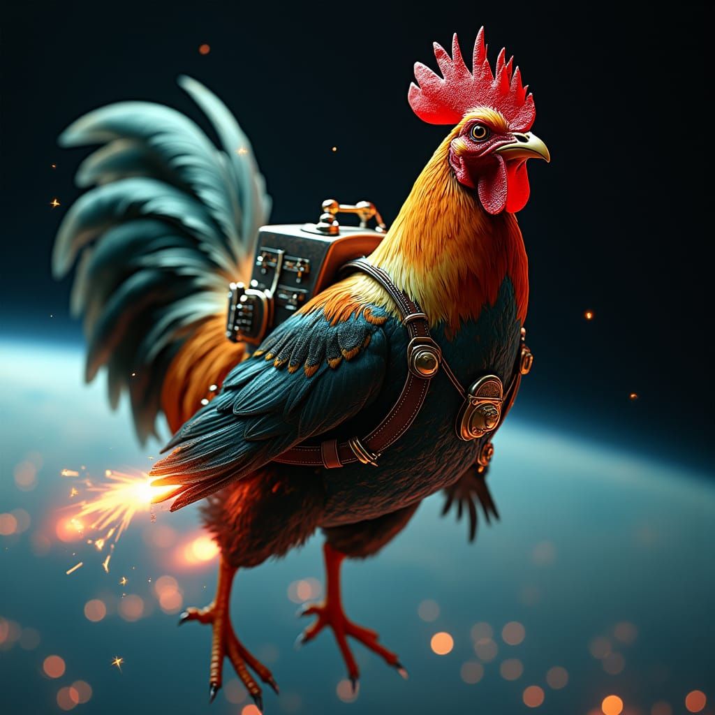Chicken Soaring Through Space with Rocket Pack