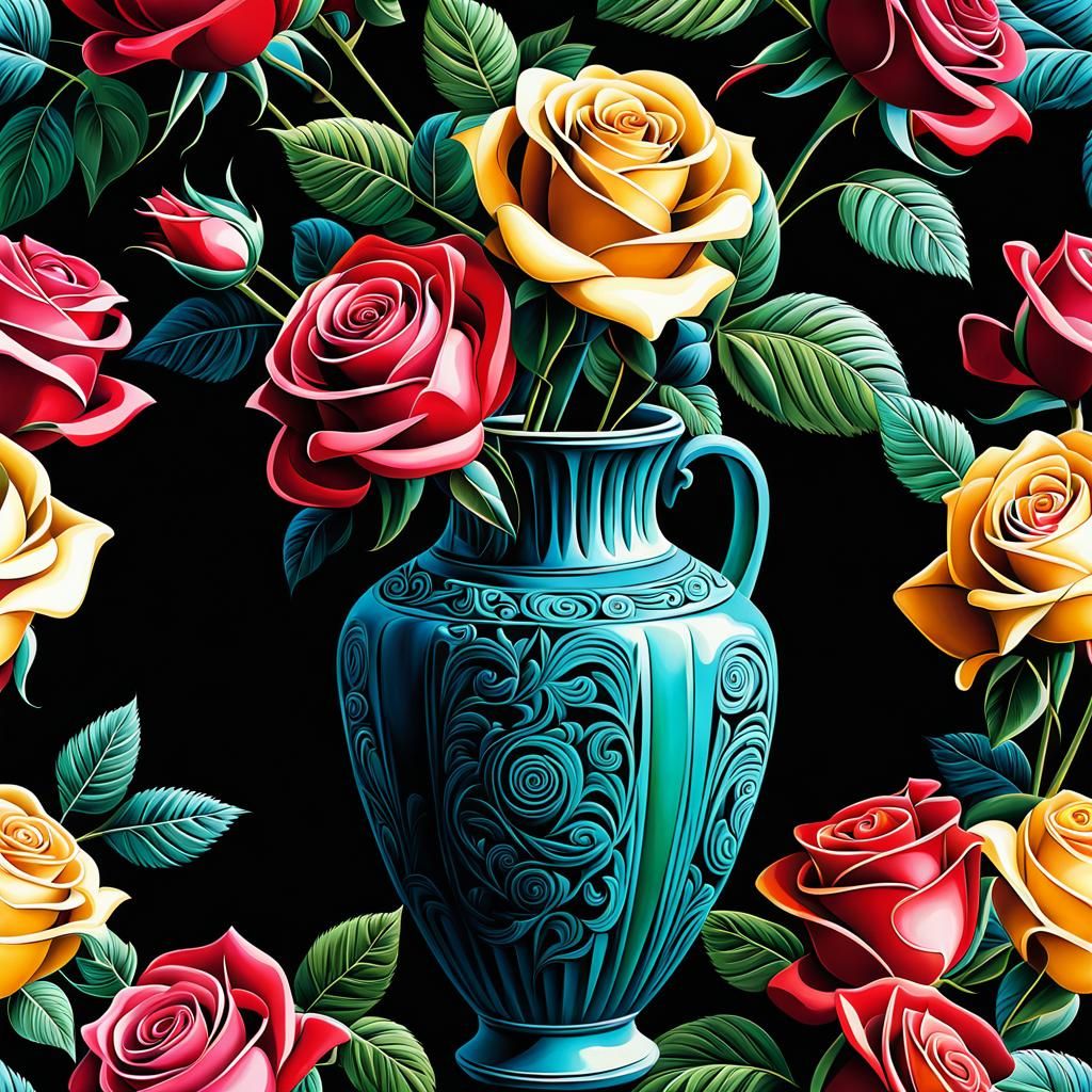 Cubist Vase of Colorful Roses