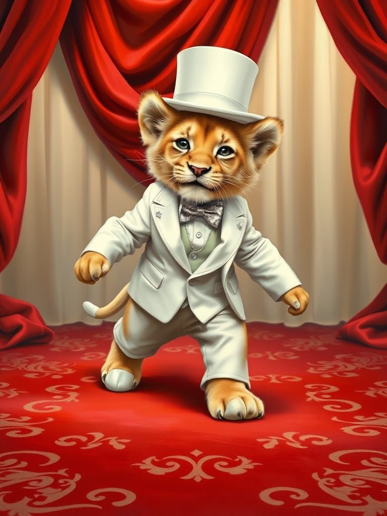 Regal Lion Cub in Elegant Red Carpet Attire