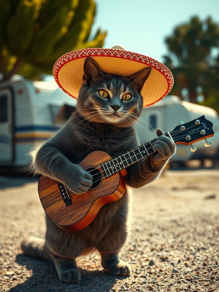 Gray Cat in Sombrero Plays Ukulele in Trailer Park