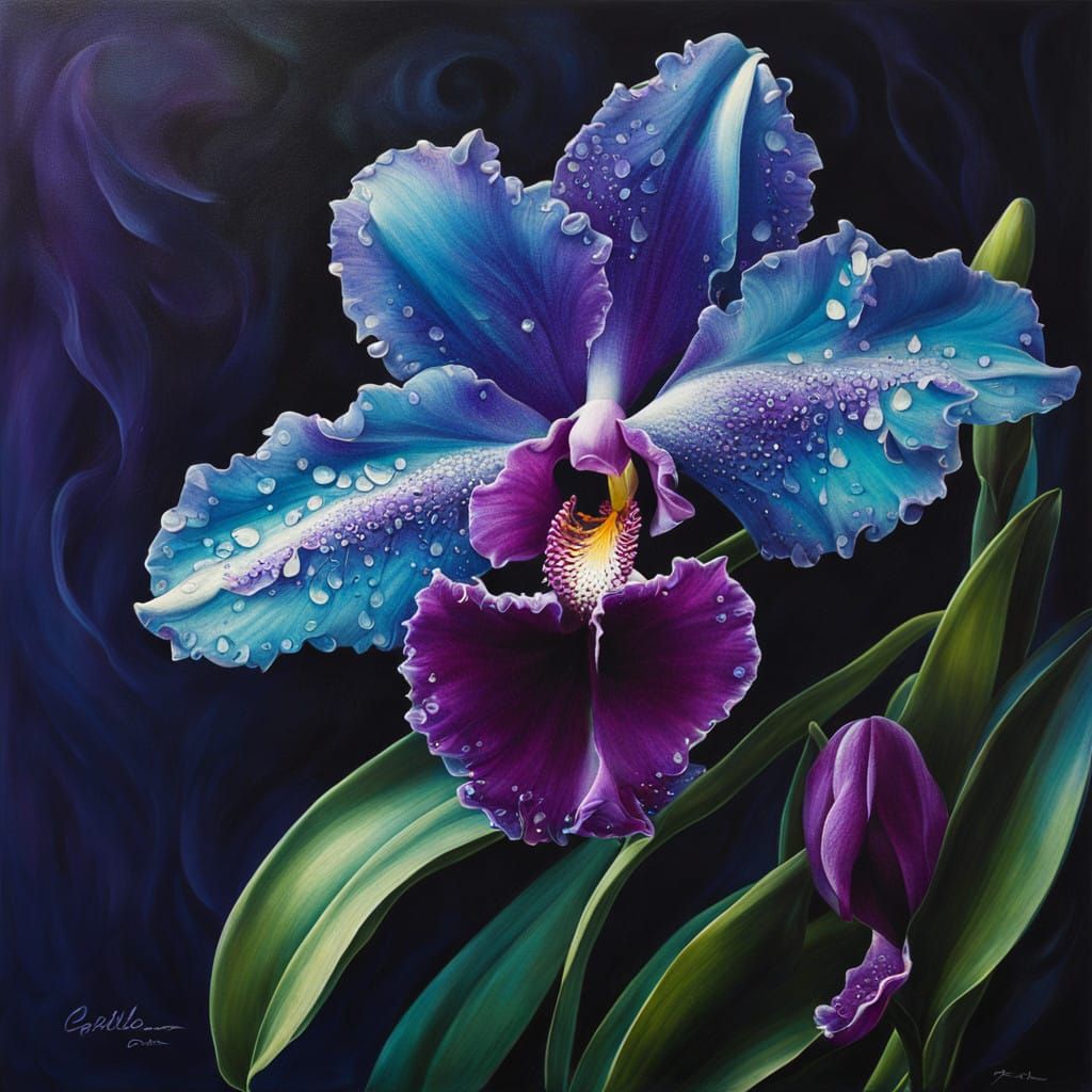 Vibrant Hyperrealistic Cattleya Orchid in Dark Teal Backgrou...