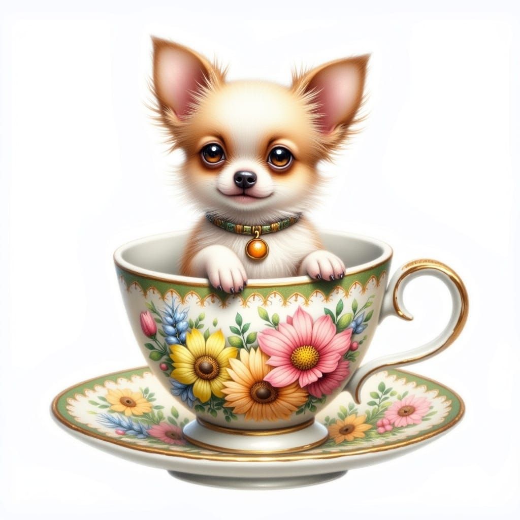 A Chihuahua in a Floral Tea Cup, Whimsical Style