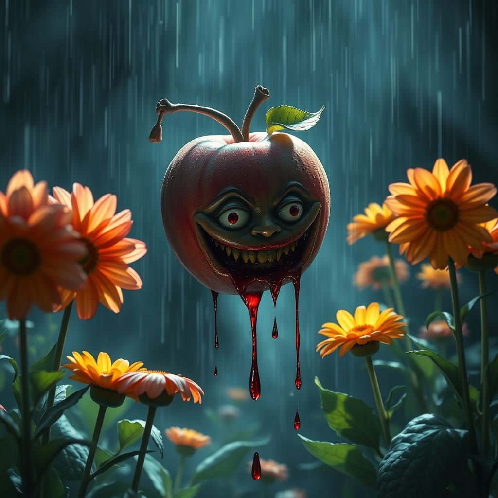 Surreal Garden with Smiling Flowers and Monstrous Apple