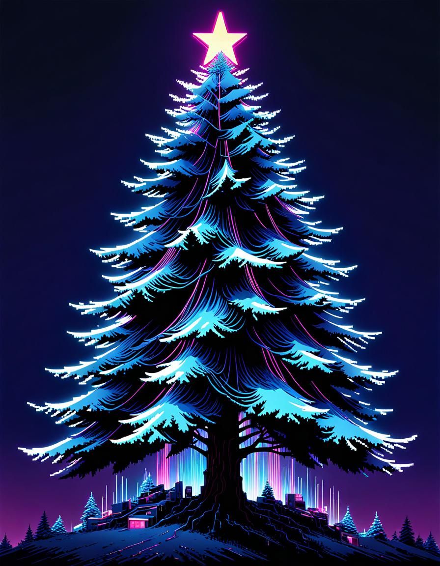 Glitch Art Christmas Tree with Vaporwave Aesthetic