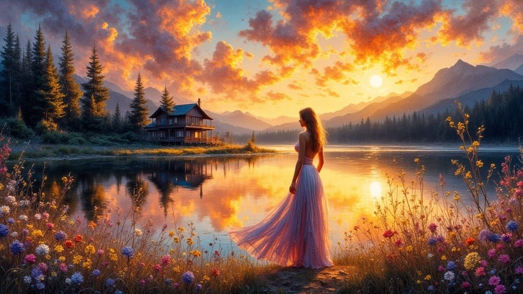 Woman on Lake Shore at Sunset in Impasto Style