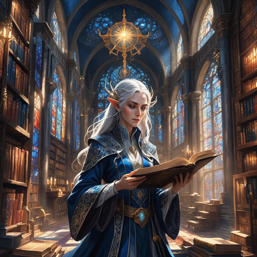 High Elf in Ancient Library: Fantasy Concept Art