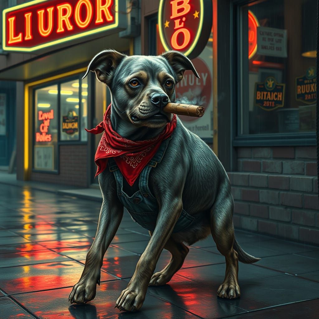 Surreal City Dog Confronts Urban Decay in Moody, Neon-Lit Po...