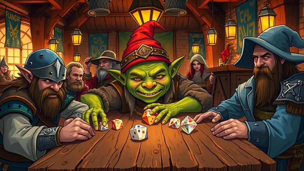Goblin Gambler in Bustling Tavern, Nostalgic Illustration