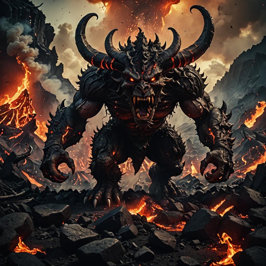 Giant horned beast emerging amongst the lava to conquer