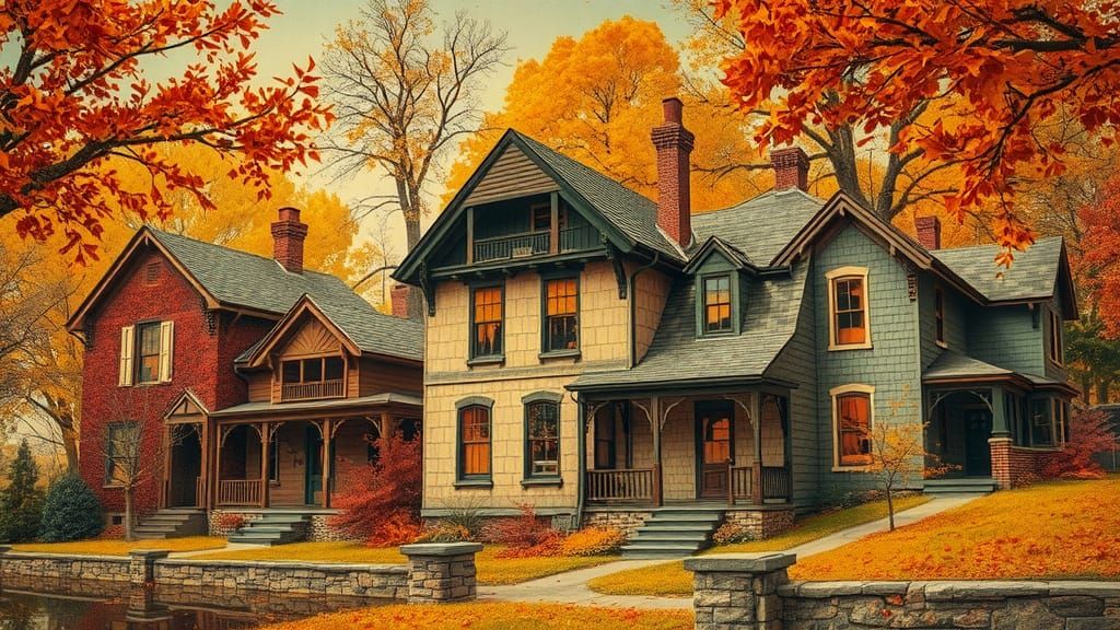 Vintage Houses in Autumn Paper Collage