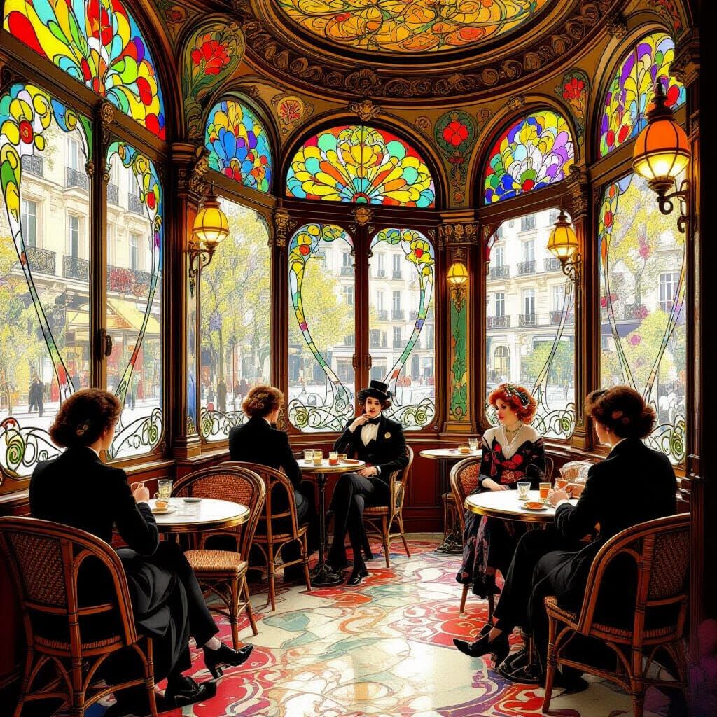 Art Nouveau Parisian Cafe with Psychedelic Patterns