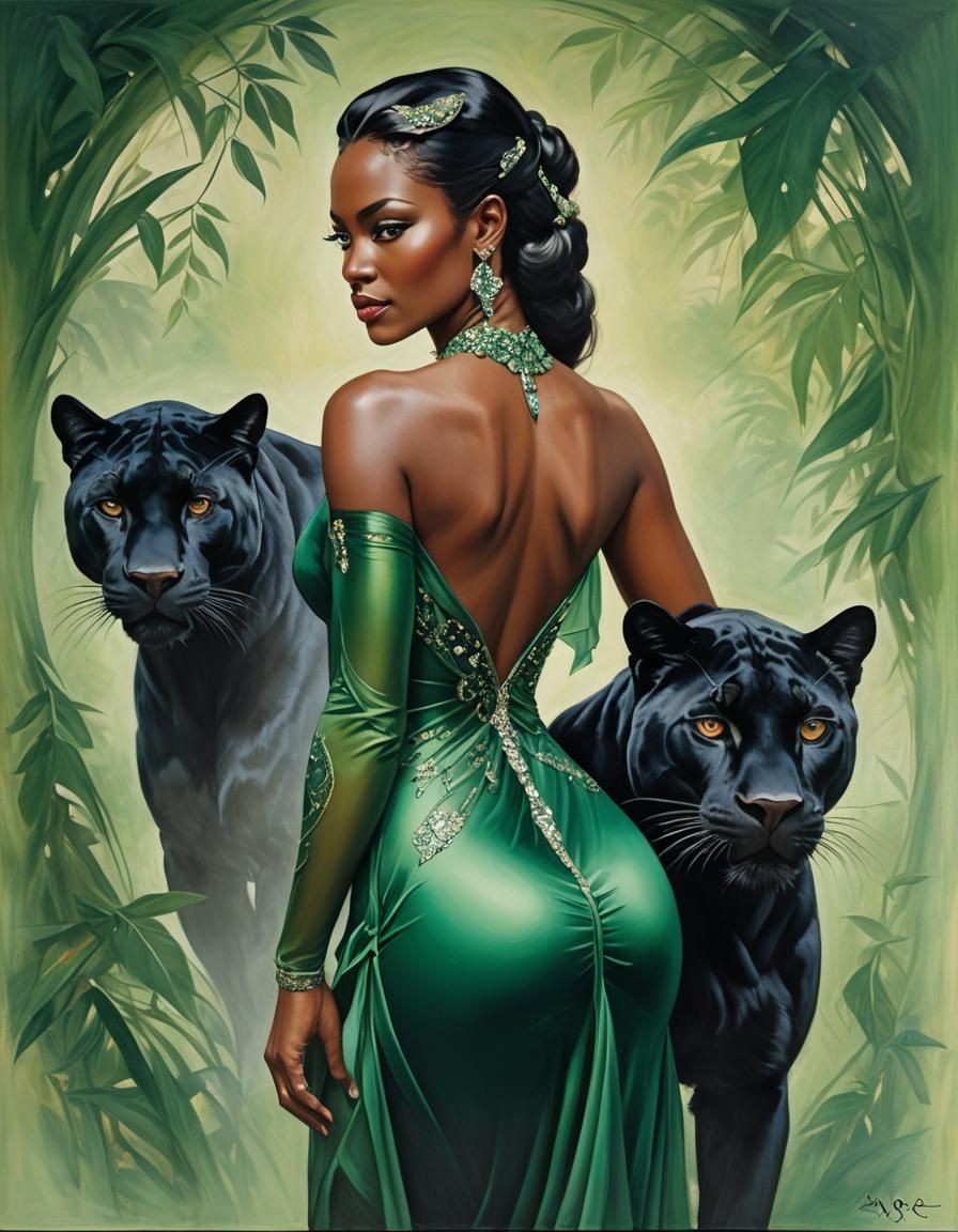 Sensual Emerald Goddess with Panther, Oil Painting