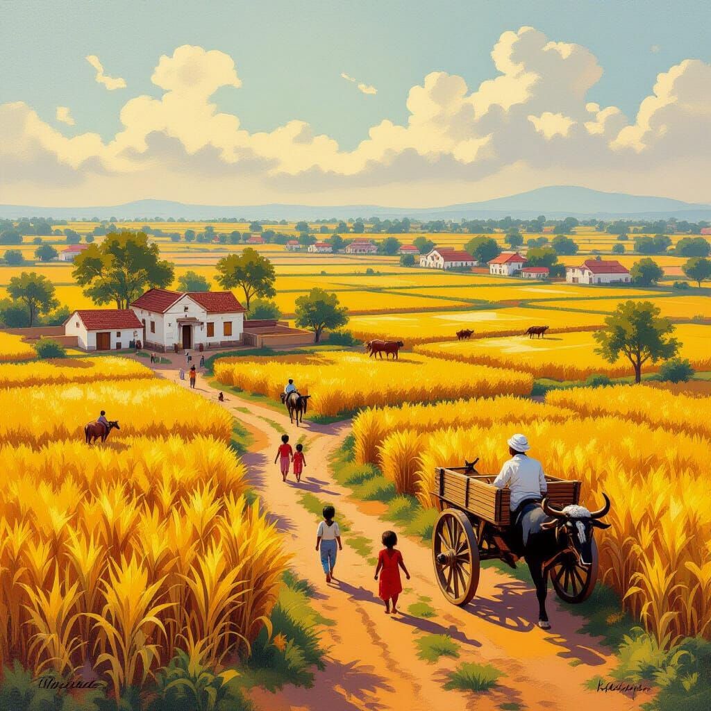 Serene Indian Village Kolithad with Fields and Children Play...