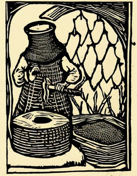 Menacing Beekeeper in Medieval Woodcut Style