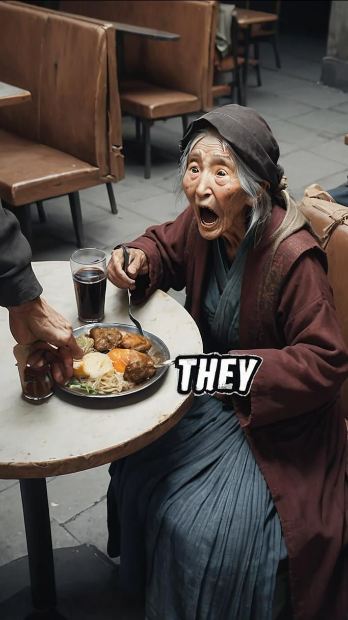 Beggar Woman's Shock in Anime-Style Restaurant